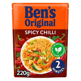 A 220g pack of Ben’s Original Spicy Chilli Microwave Rice by Bens Original, showing the rice dish, a “2-minute quick meal” label, and a green badge for no artificial additives.